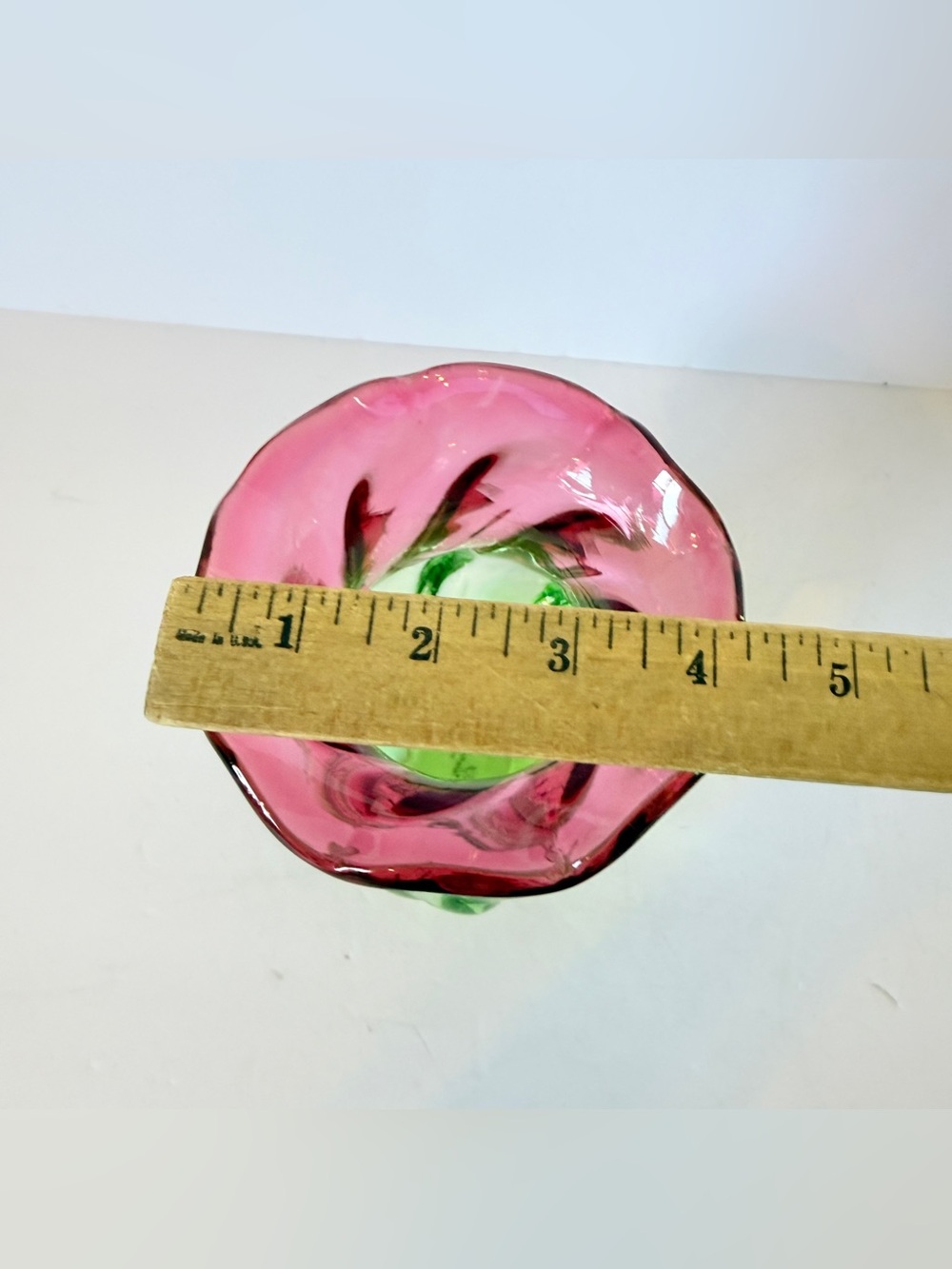 Vintage Teleflora Watermelon Swirl Hand Blown Art Glass Vase Ruffled - Picture 11 of 11